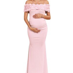 Off-Shoulder Floral Appliqué Maternity Maxi Dress Ribbed Bodycon Mermaid Hem